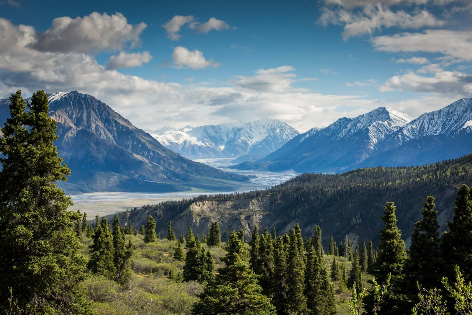 Snow-capped mountains rising above a green, forested valley